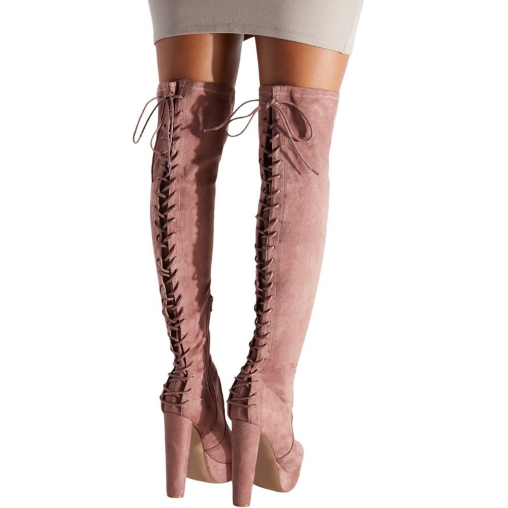 Rose Pink Faux Suede Over the knee Platform Boots